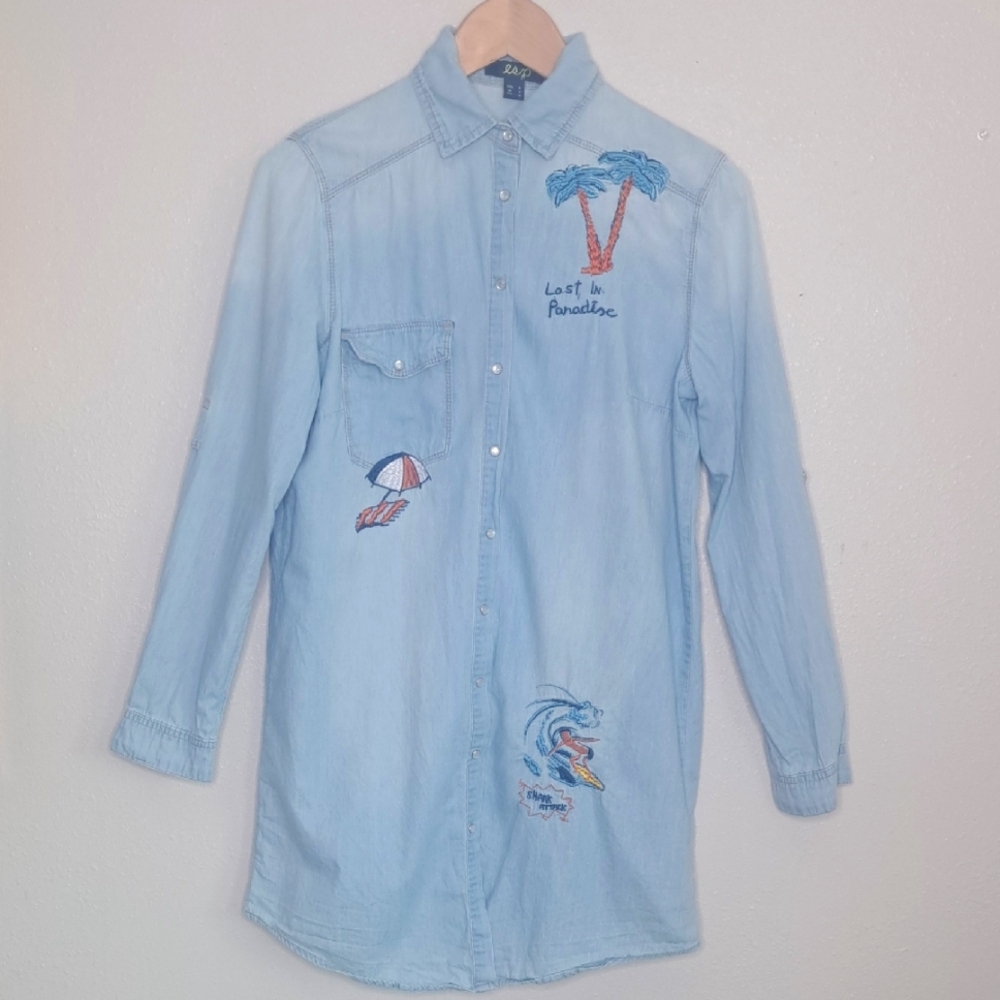 esp Women's Beach Embroidered Shirt Long Slv Blue Cotton Boho Shark Palm Surf S